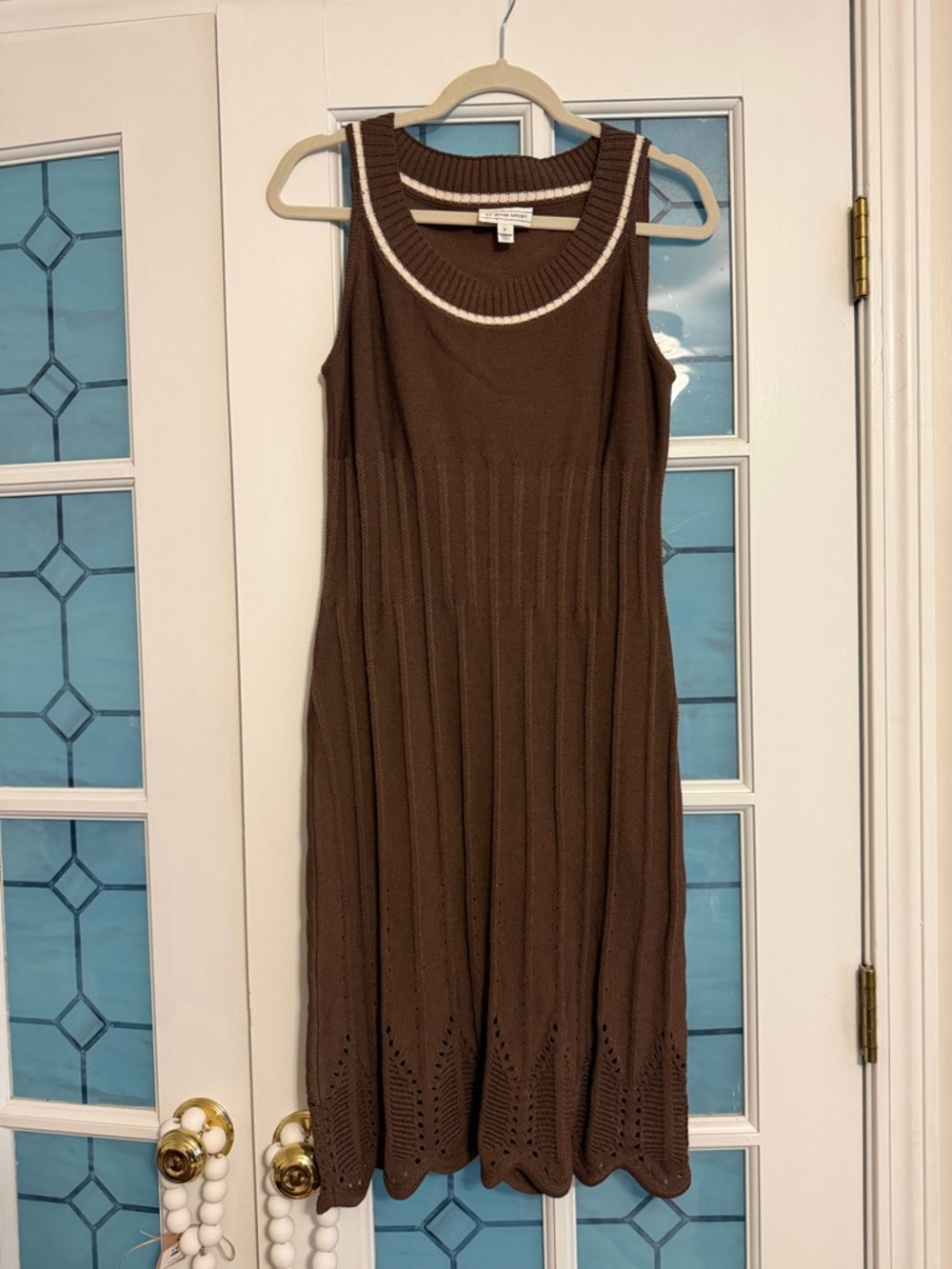 St. John Brown Knit Midi Dress with Cream Trim